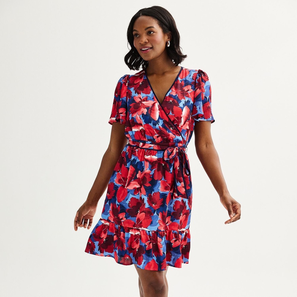 Draper James Wrap Dress Womens Blue Red Floral Ruffle Sleeve Preppy XL - Picture 3 of 5